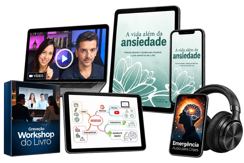 Livro digital em tablet e celular, workshop gravado, mapa mental e áudio de emergência