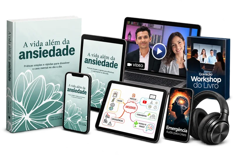 Livro impresso e versões digitais, workshop gravado, mapa mental e áudio de emergência